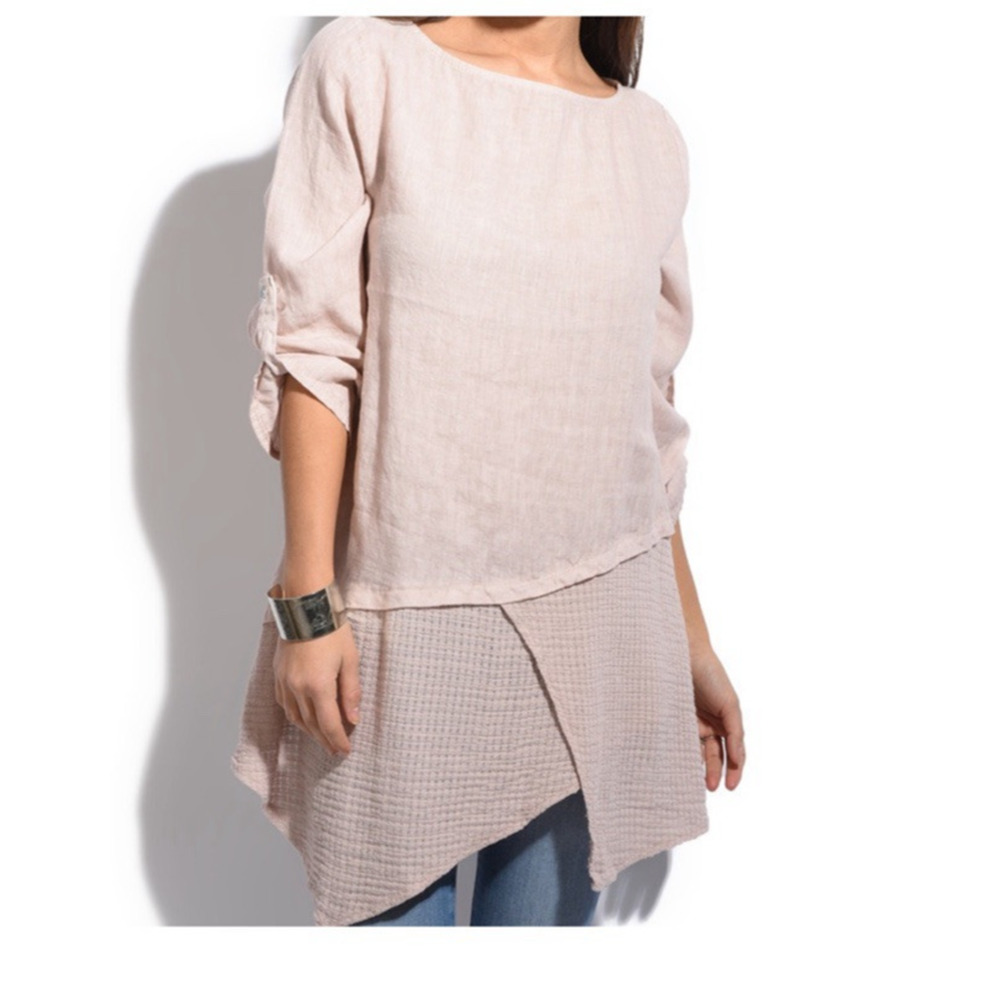 Lin Blanc Asymmetrical Tunic 48/XL Lagenlook 100% Linen Top Mixed Media Roll Tab